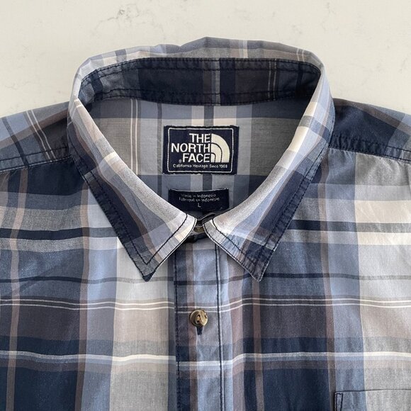 The North Face Casual LS Button Down Plaid 100% Cotton Shirt Blues + White Sz L - Picture 2 of 13